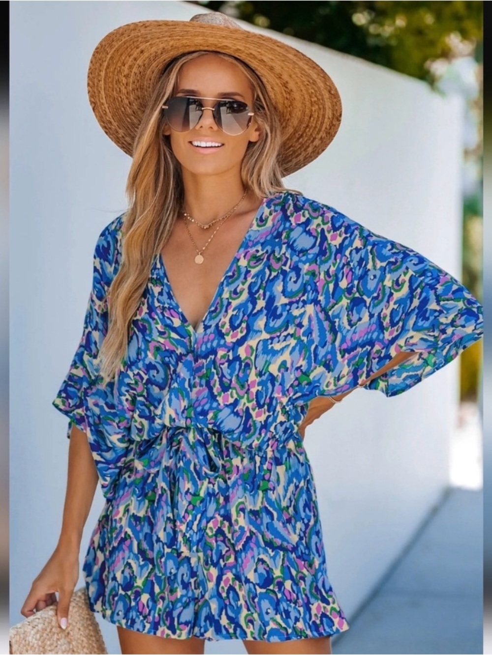 Cupshe Romper Womens Medium M Blue Abstract Print V-Neck Dolman Sleeve Summer